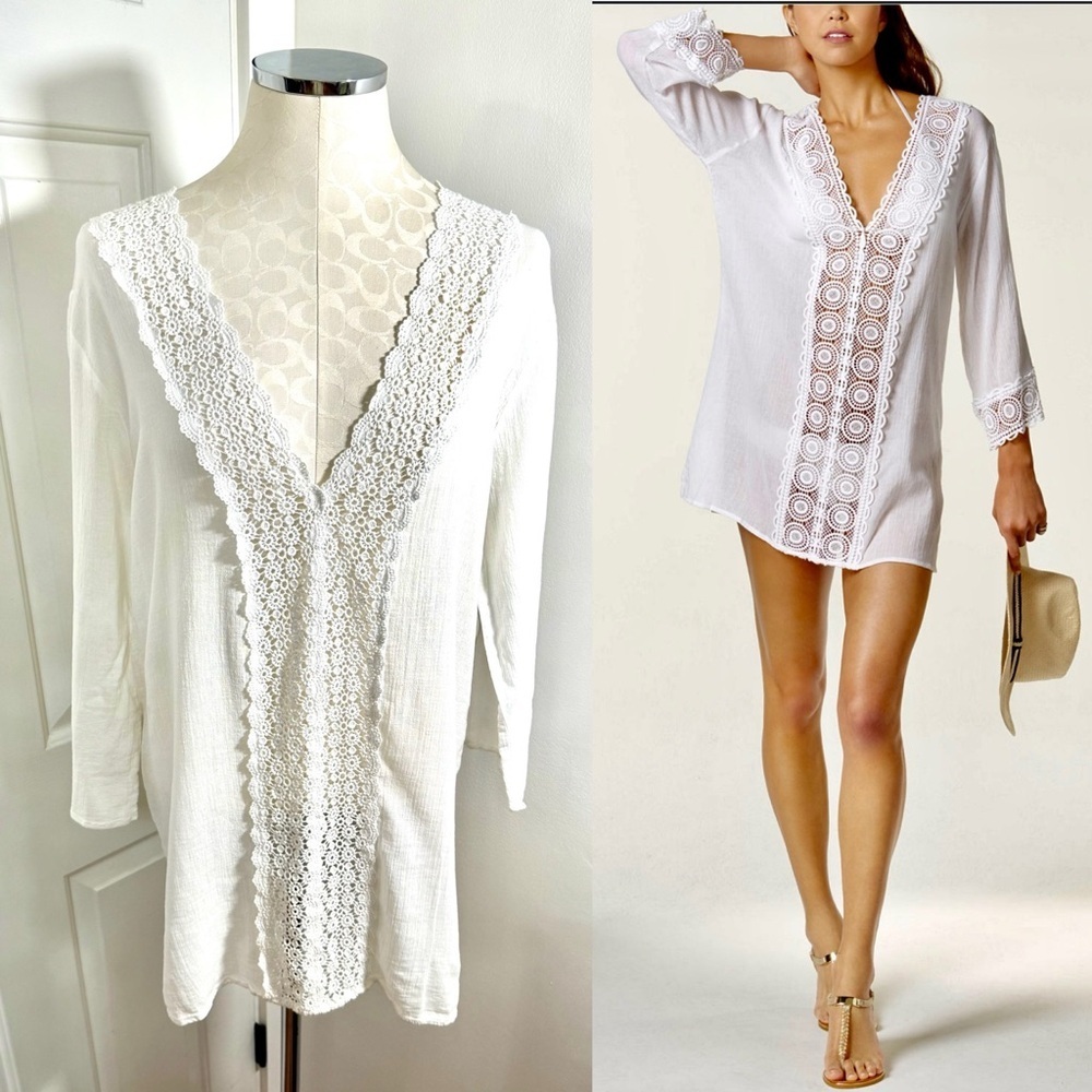 La Blanca White Lace V-Neck Swim Coverup Tunic